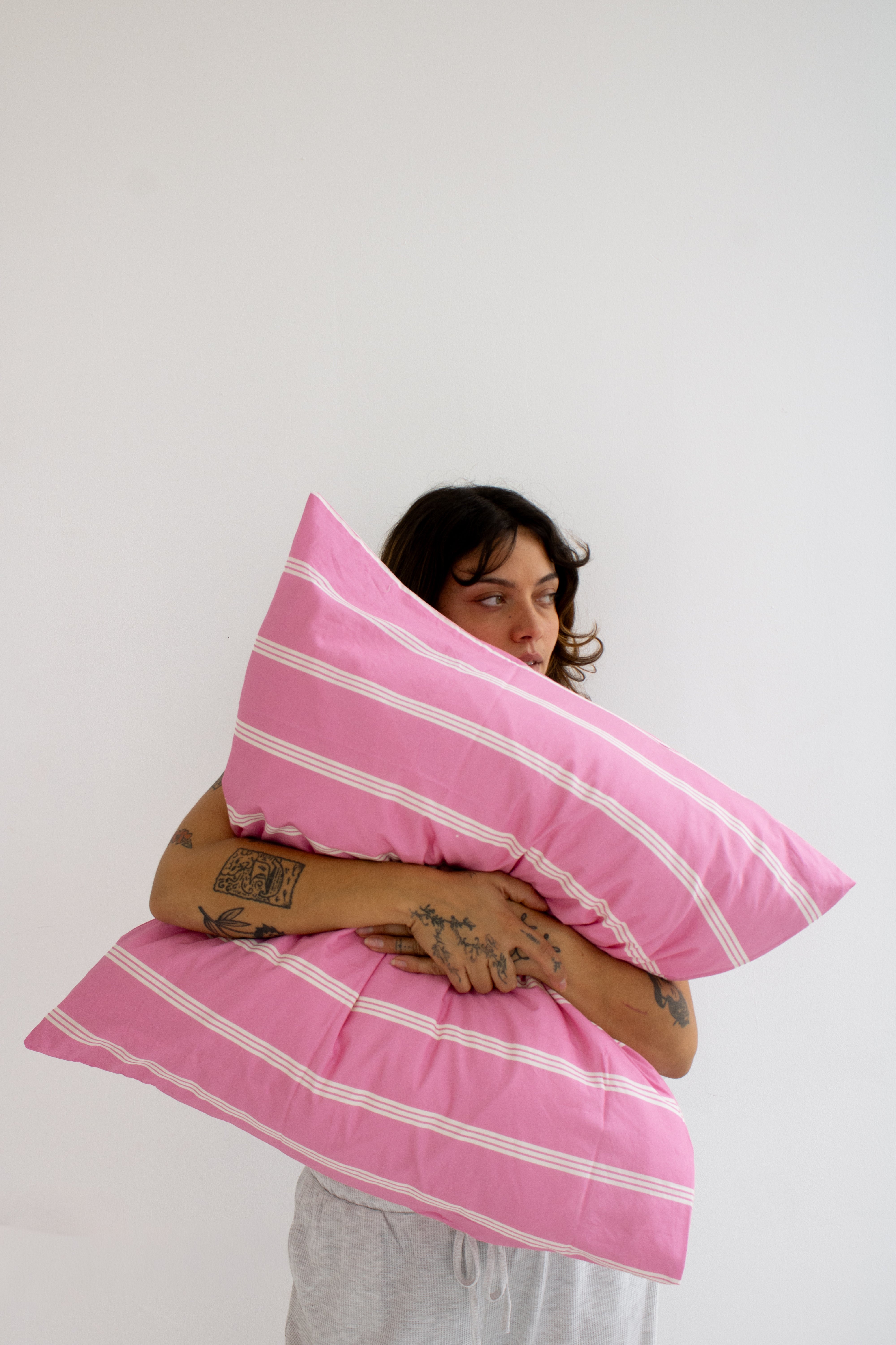 washed percale pillow case – pink stripes